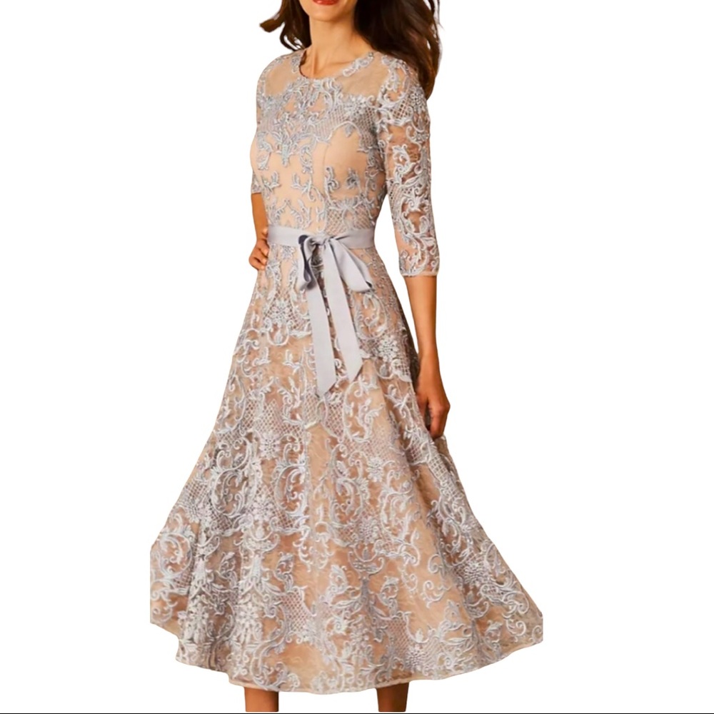 New BHLDN Linden 6 8 10 Blue Embroidered Belted MOB / MOG Tea Length Midi Dress